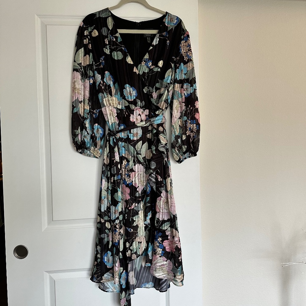 Adrianna Papell Floral Metallic Stripe Faux Wrap Dress in Black Multi | Sz 20